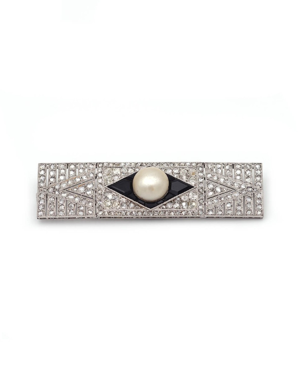 Broche Art Deco onyx perle fine et diamants en platine, broche ancienne, perle fine certifiée 