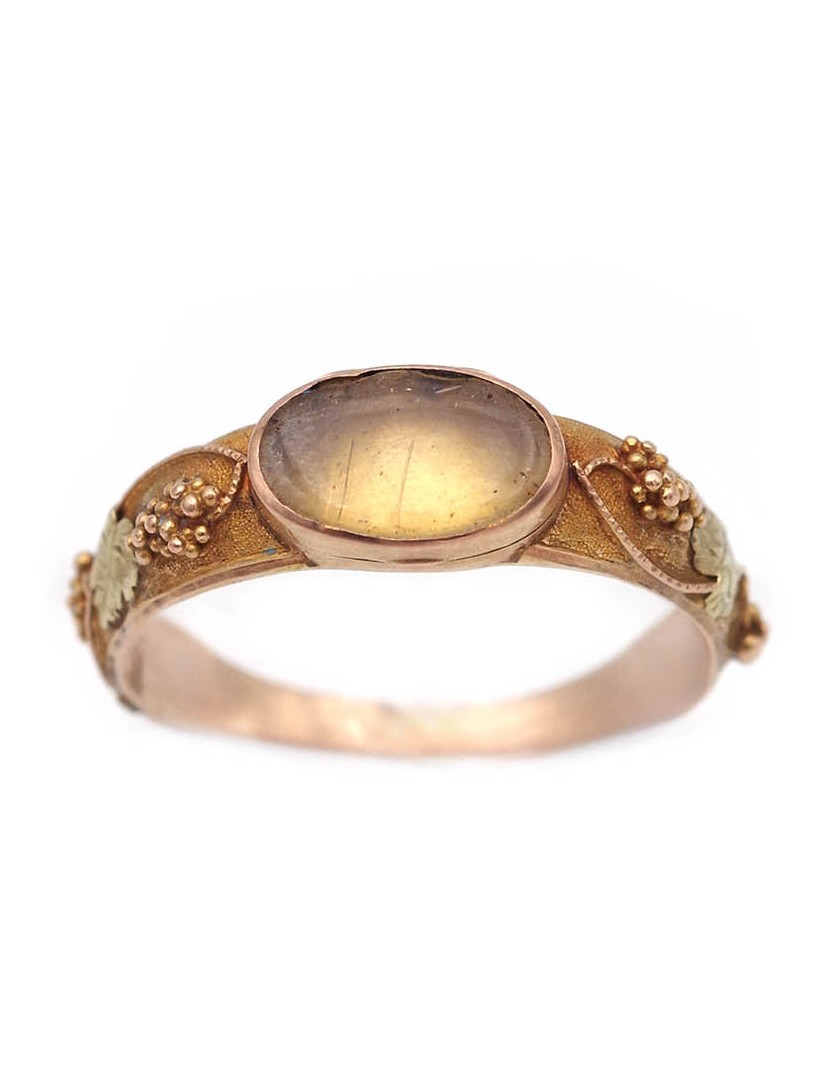 Georgian Secret Locket Ring In 18k Gold, Grape And Vine, Antique French Jewelry 