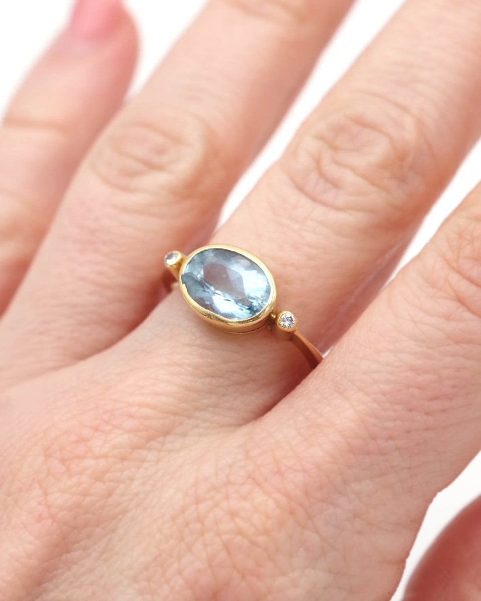 Bague aigue-marine diamants en or jaune 18k, bague vintage-photo-2