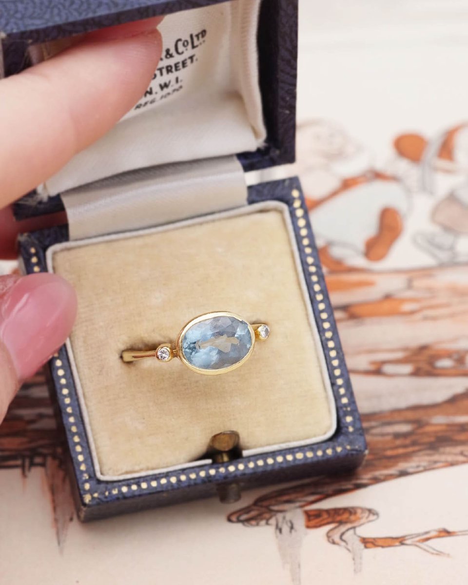 Bague aigue-marine diamants en or jaune 18k, bague vintage-photo-3