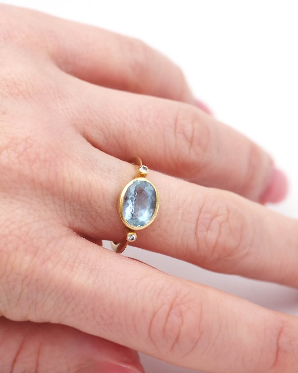 Bague aigue-marine diamants en or jaune 18k, bague vintage-photo-1