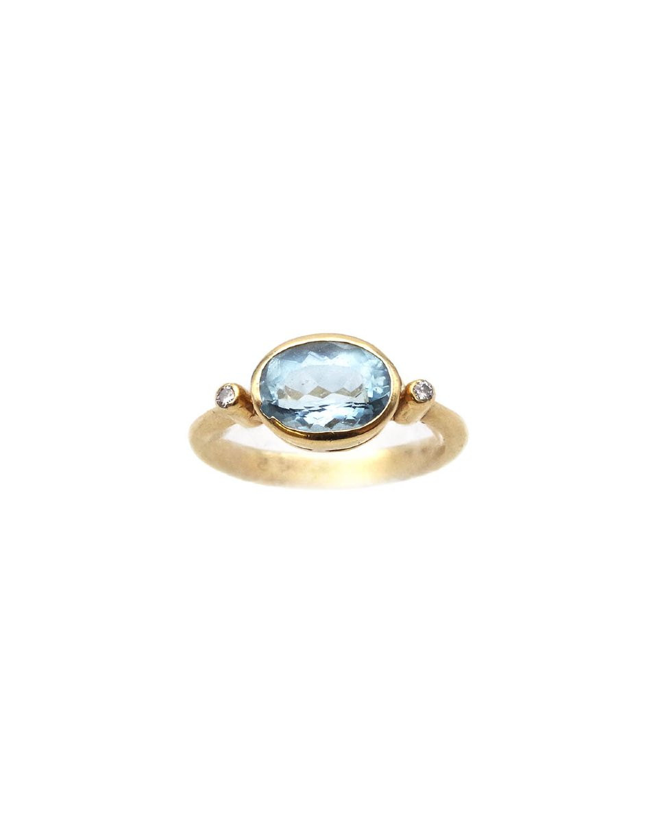 Bague aigue-marine diamants en or jaune 18k, bague vintage-photo-2