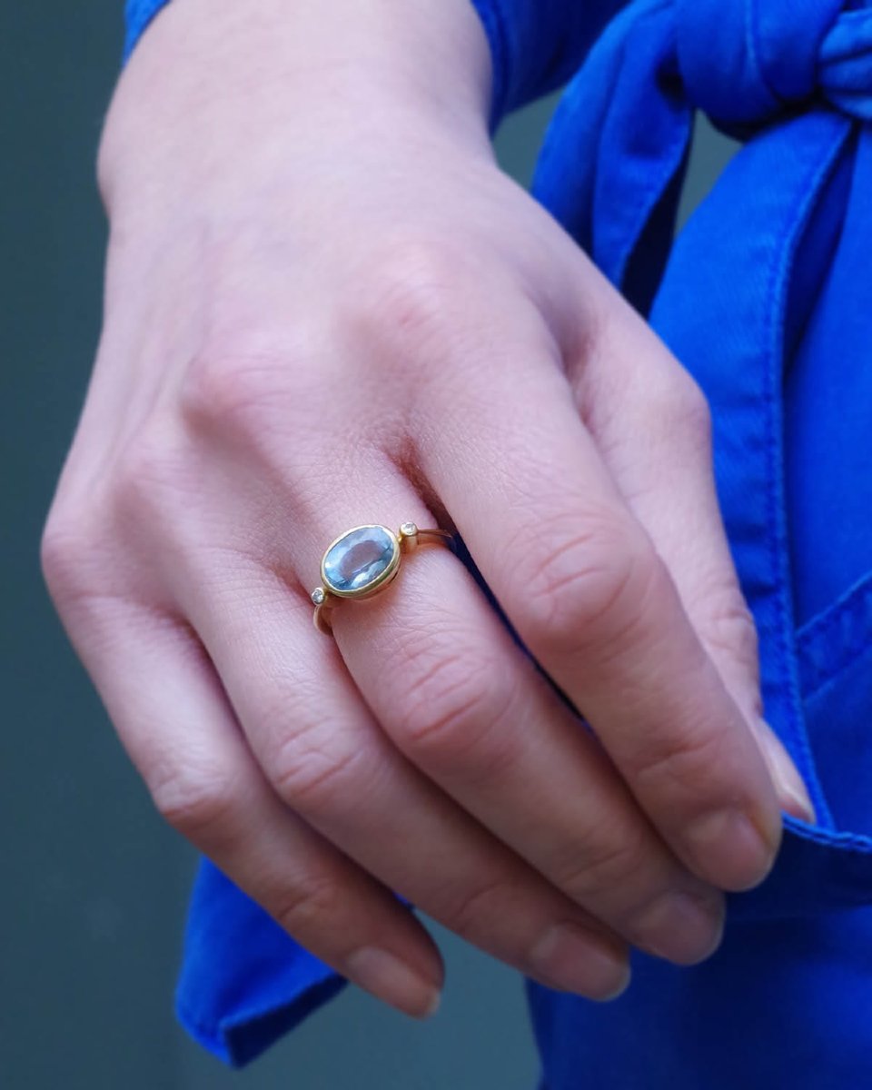 Bague aigue-marine diamants en or jaune 18k, bague vintage-photo-3