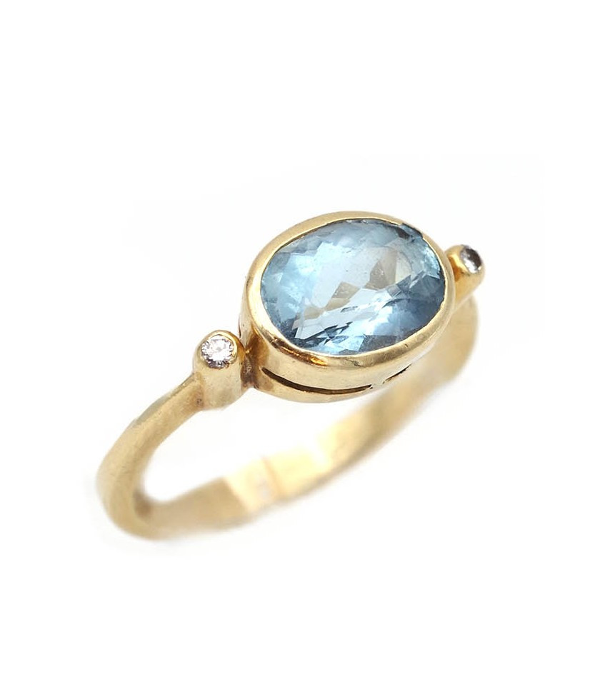 Bague aigue-marine diamants en or jaune 18k, bague vintage