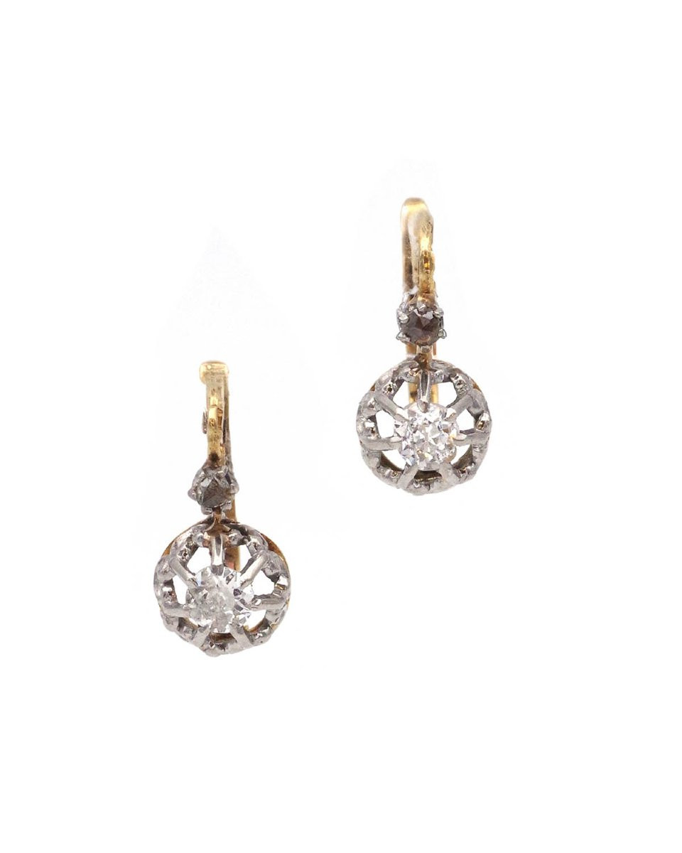Dormeuses diamants 0.26 ct en or 18k et platine, boucles d'oreille anciennes-photo-4