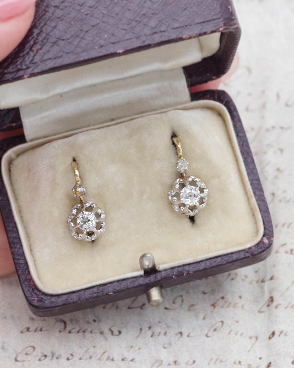 Dormeuses diamants 0.26 ct en or 18k et platine, boucles d'oreille anciennes-photo-2