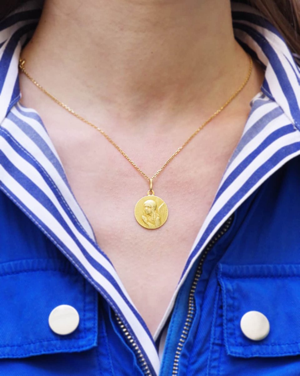 Médaille de baptême Ange en or 18k, médaille ancienne, Emile Monier-photo-2