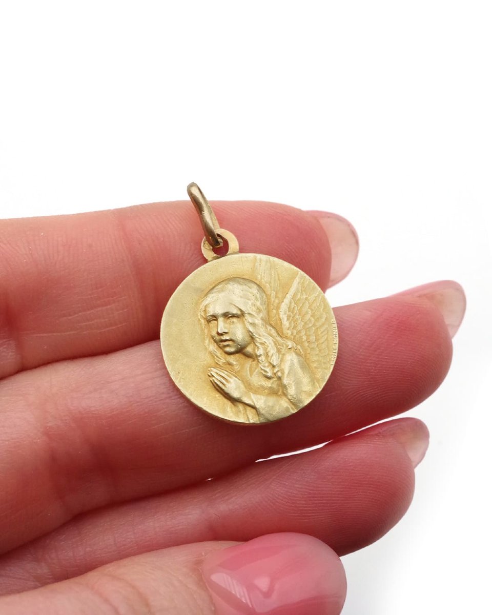 Médaille de baptême Ange en or 18k, médaille ancienne, Emile Monier-photo-4