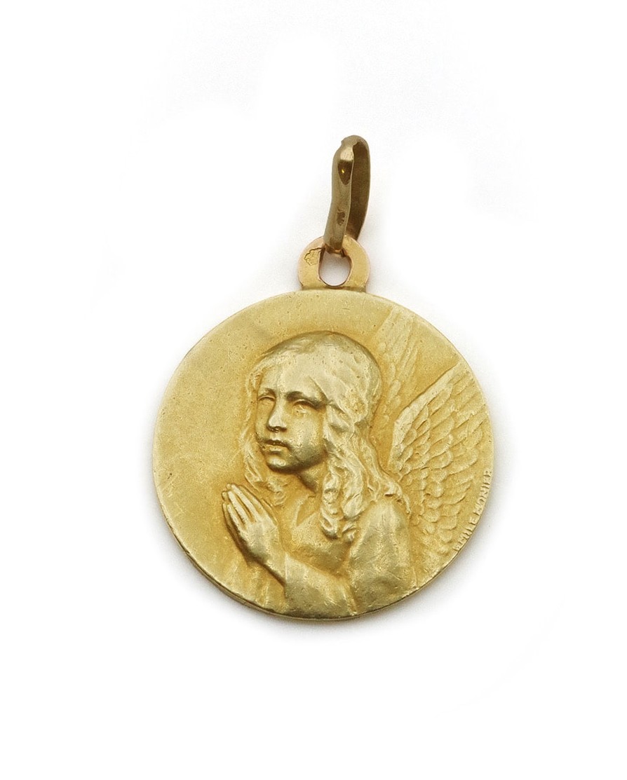 Médaille de baptême Ange en or 18k, médaille ancienne, Emile Monier
