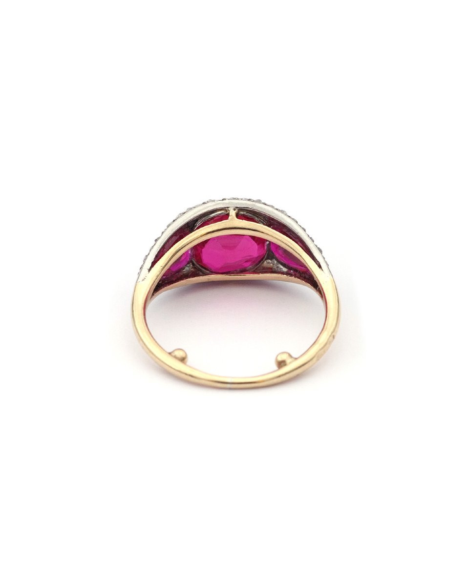 Art Deco Ruby Diamond Ring In 18 Karat Gold And Platinum, Synthetic Rubies -photo-2