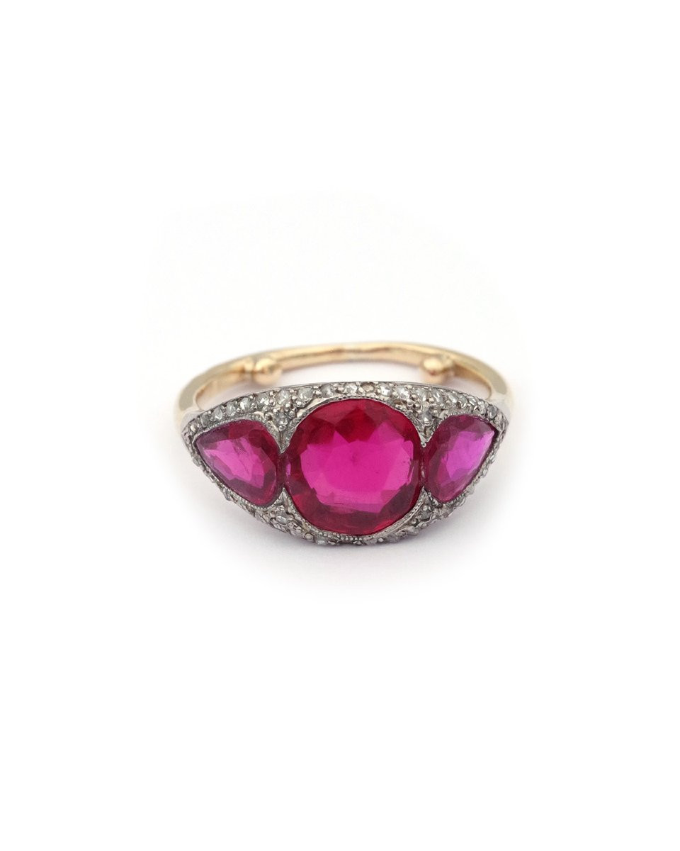 Art Deco Ruby Diamond Ring In 18 Karat Gold And Platinum, Synthetic Rubies -photo-3