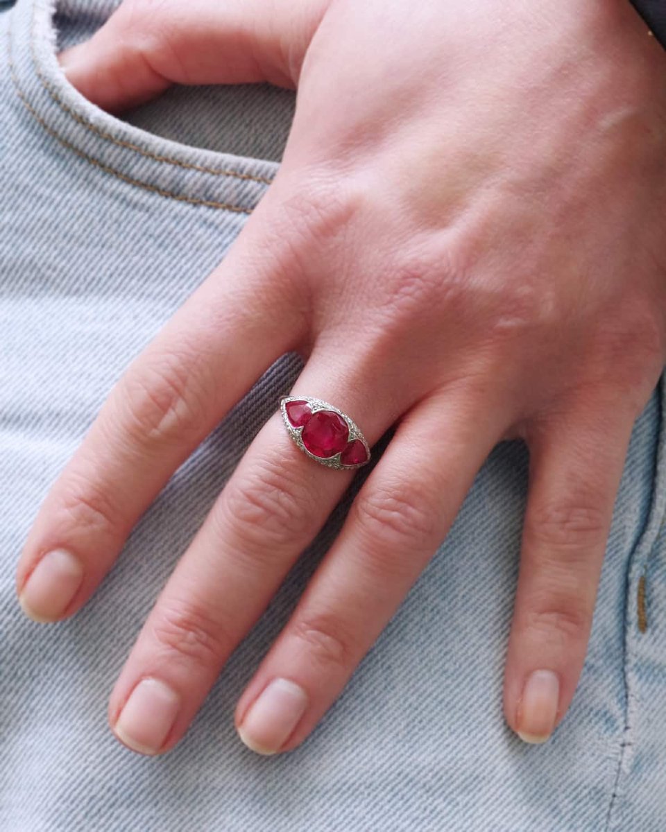 Art Deco Ruby Diamond Ring In 18 Karat Gold And Platinum, Synthetic Rubies -photo-3