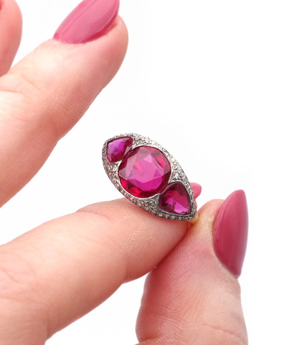 Art Deco Ruby Diamond Ring In 18 Karat Gold And Platinum, Synthetic Rubies 