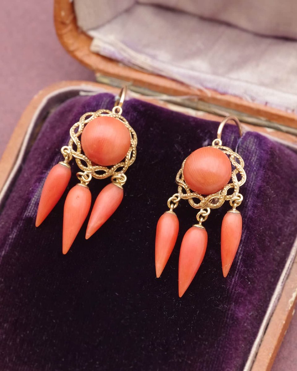 Boucles d'oreille girandoles corail en or 18k, pendants d'oreille ancien-photo-2