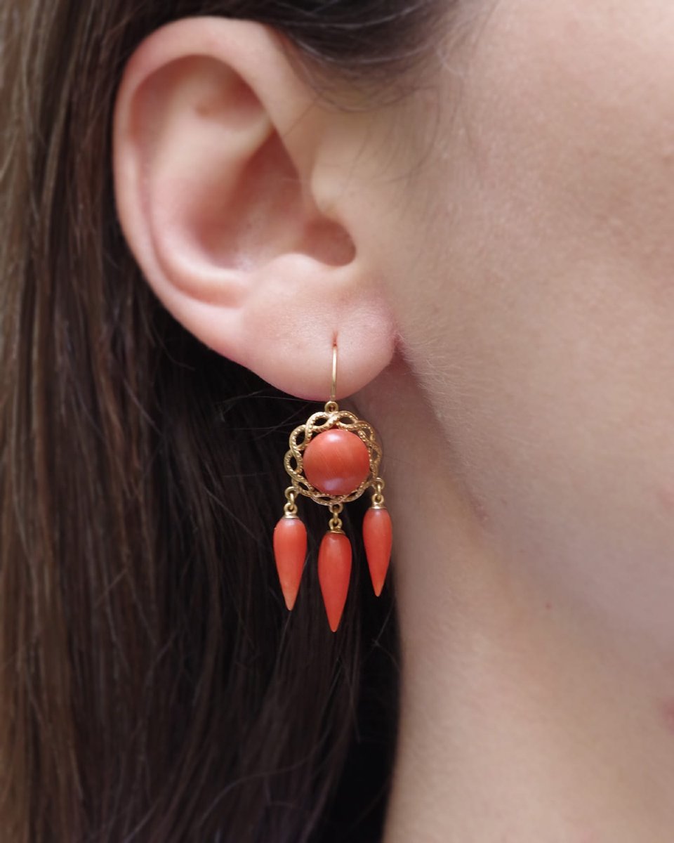 Boucles d'oreille girandoles corail en or 18k, pendants d'oreille ancien-photo-3