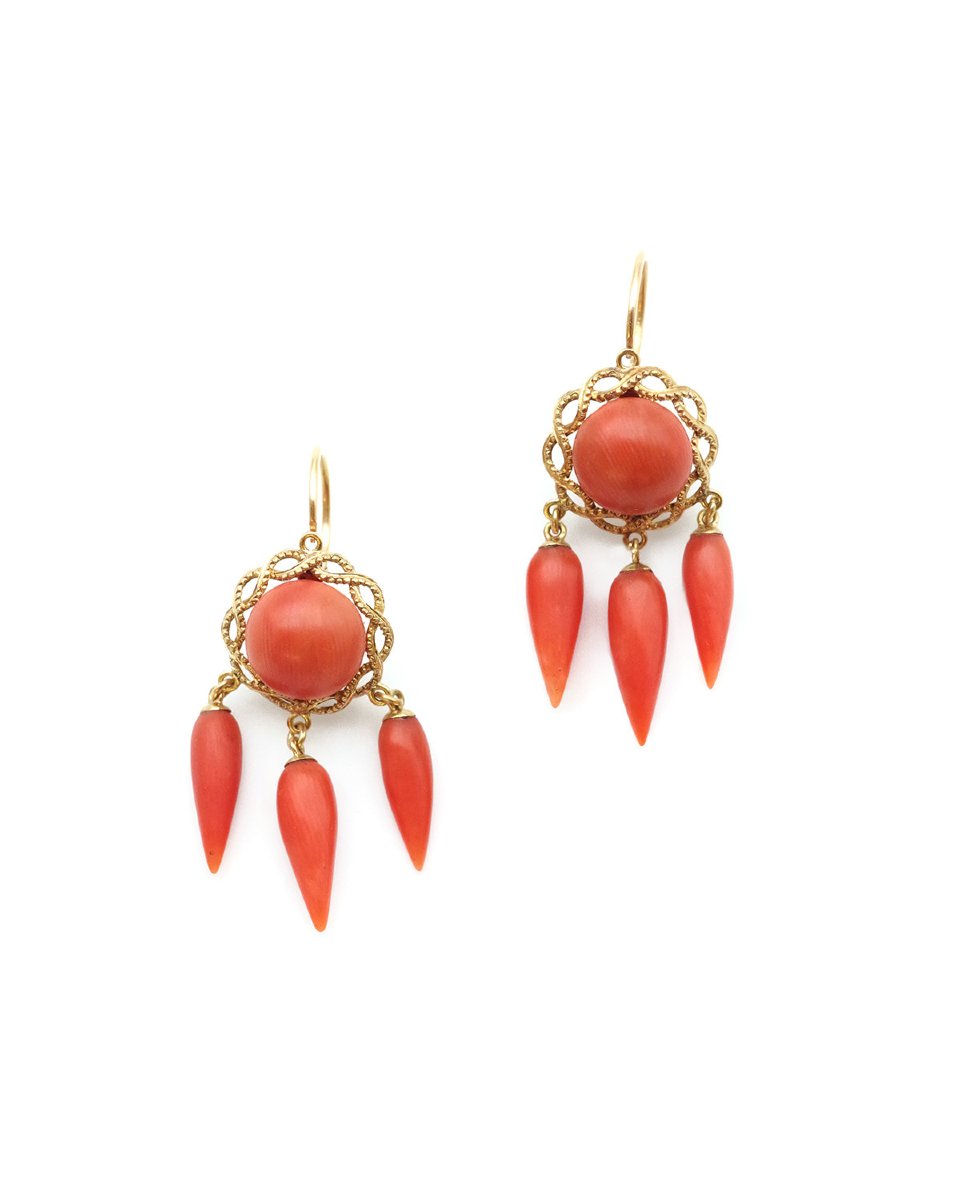 Boucles d'oreille girandoles corail en or 18k, pendants d'oreille ancien-photo-4