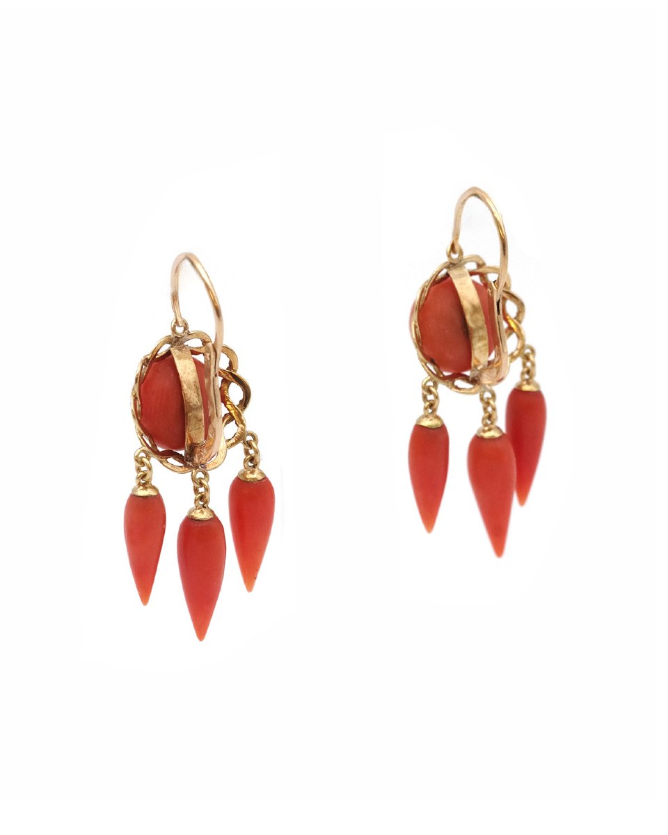Boucles d'oreille girandoles corail en or 18k, pendants d'oreille ancien-photo-1
