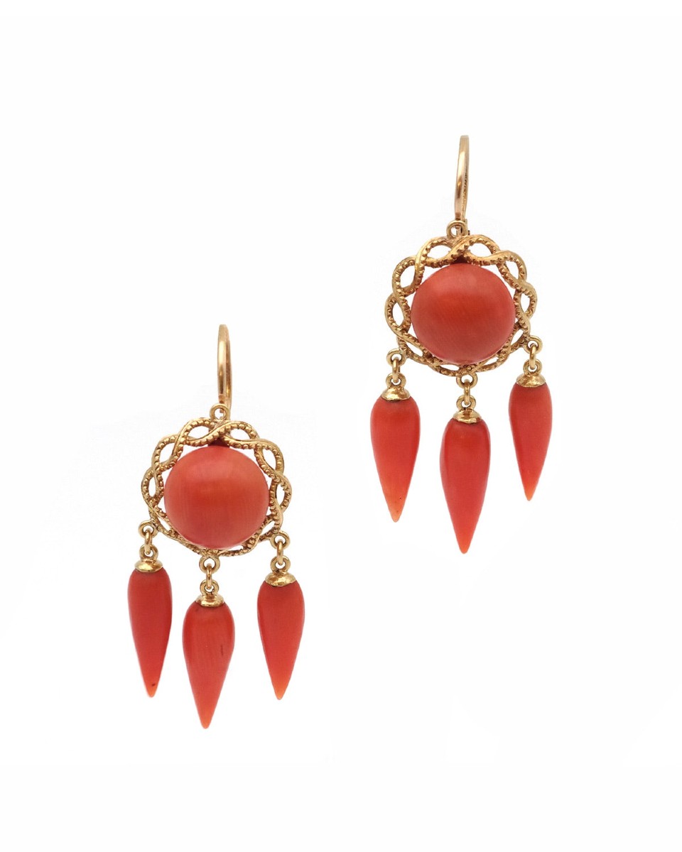 Boucles d'oreille girandoles corail en or 18k, pendants d'oreille ancien