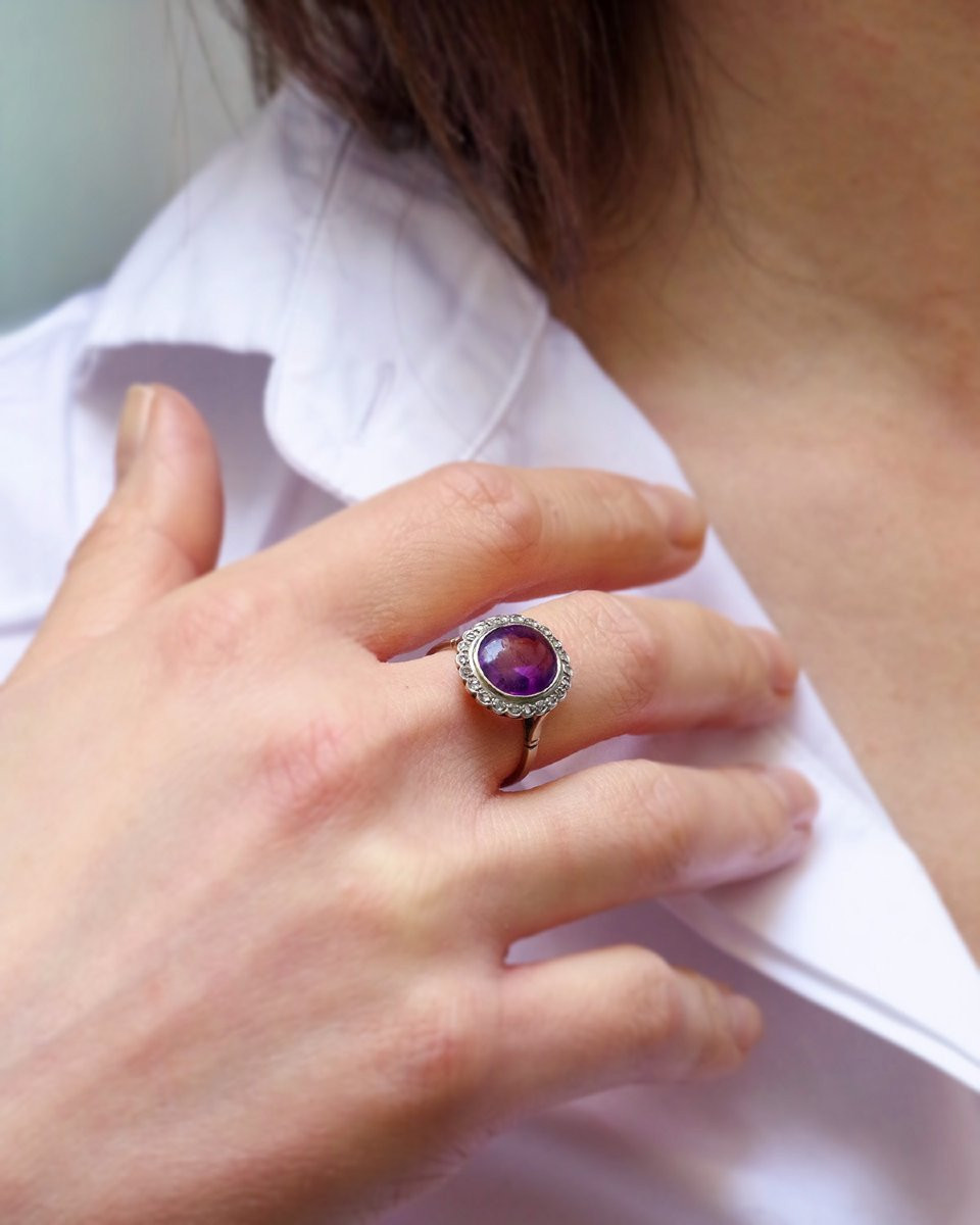 Edwardian Amethyst Cluster Ring In Platinum And 18k Gold, Diamond -photo-2