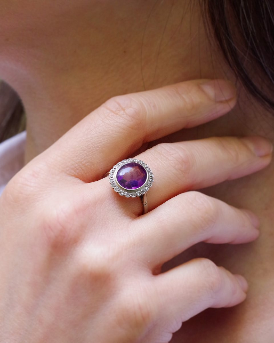 Edwardian Amethyst Cluster Ring In Platinum And 18k Gold, Diamond -photo-3