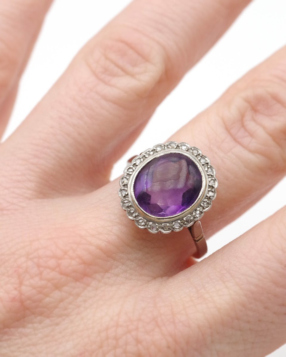 Edwardian Amethyst Cluster Ring In Platinum And 18k Gold, Diamond -photo-4