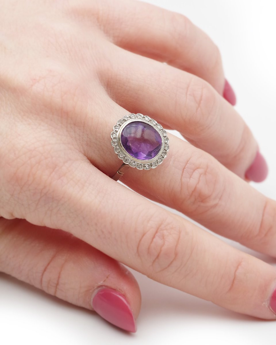Edwardian Amethyst Cluster Ring In Platinum And 18k Gold, Diamond -photo-2