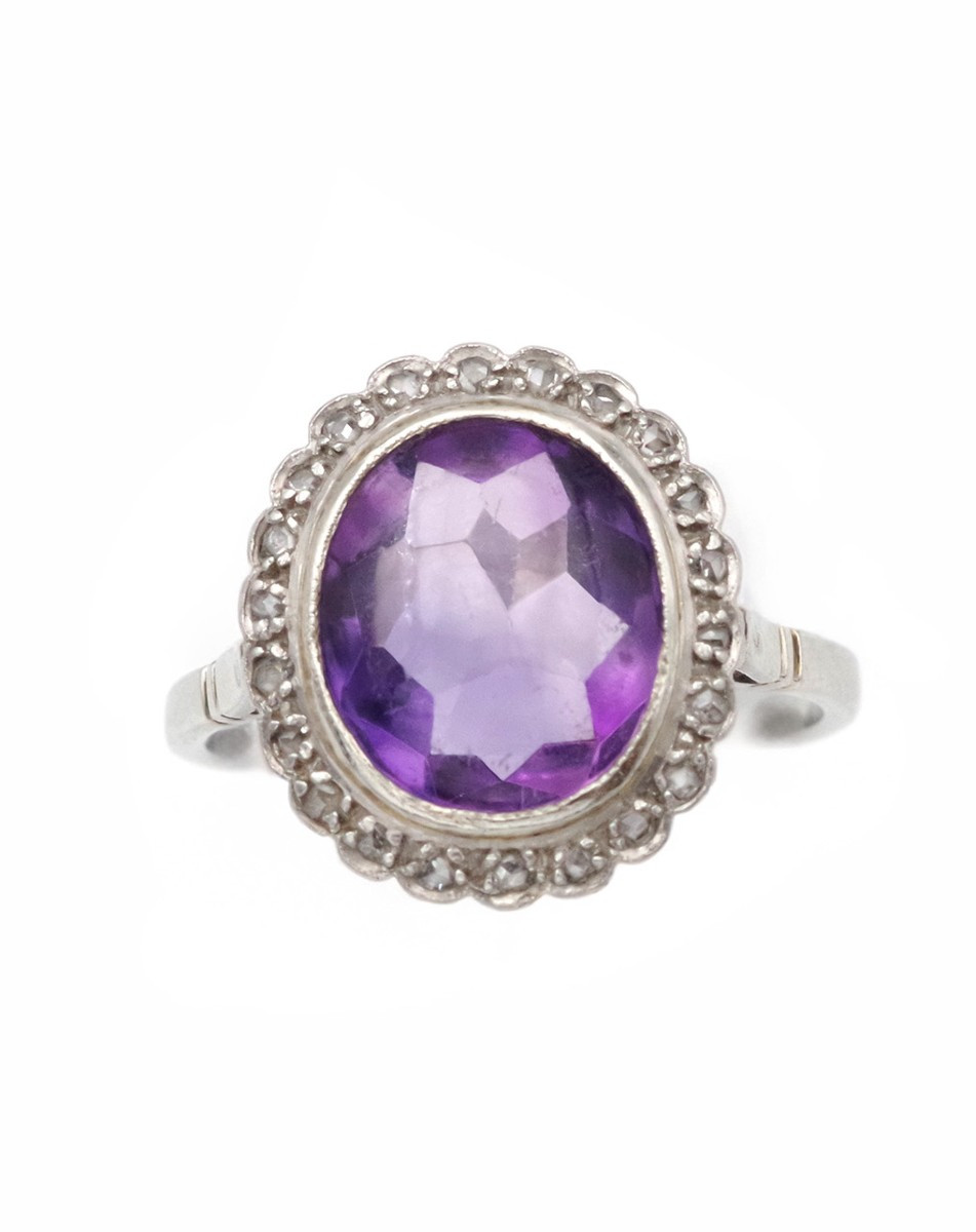 Edwardian Amethyst Cluster Ring In Platinum And 18k Gold, Diamond 