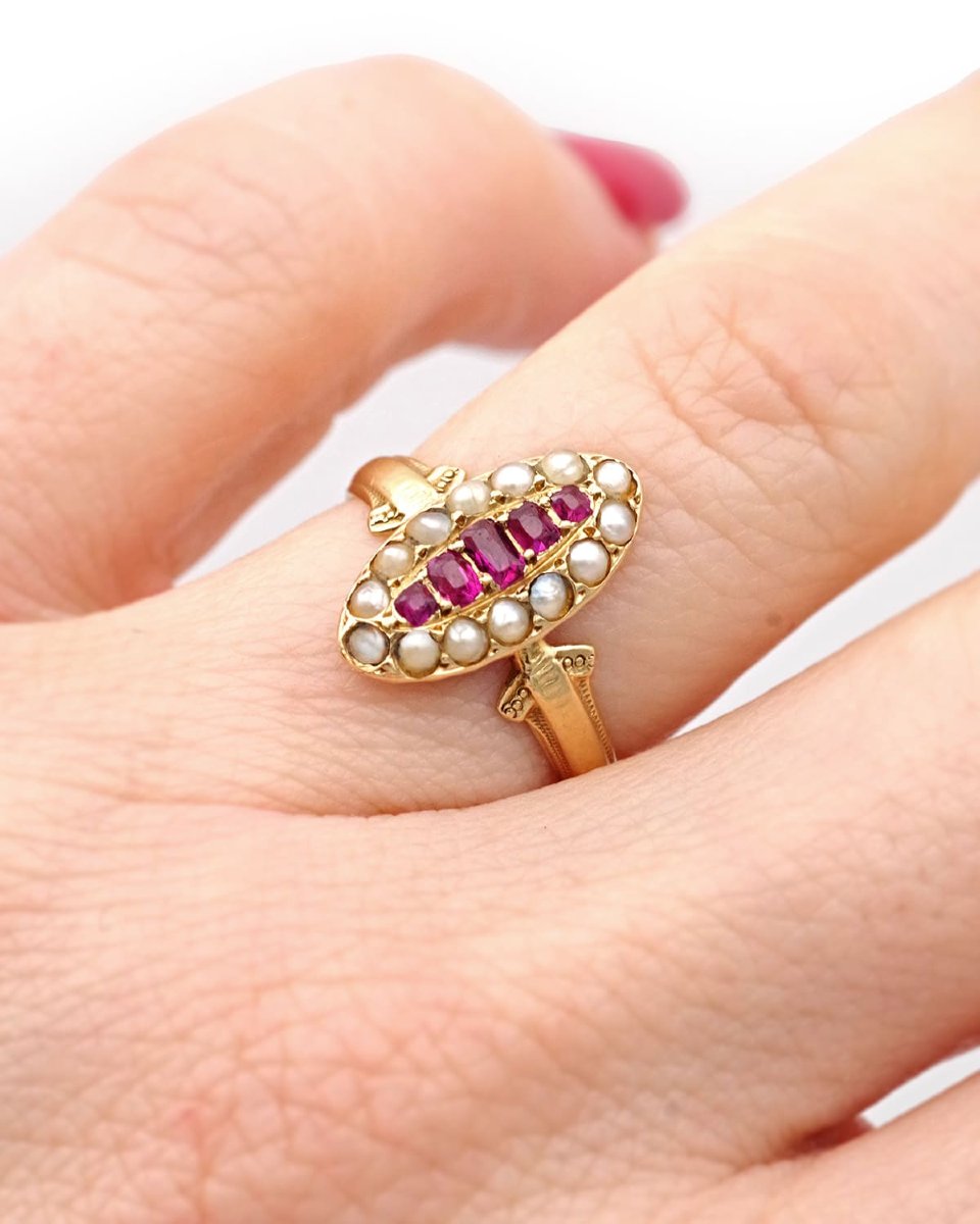 Bague marquise rubis perles en or 18 karats, bague ancienne, rubis naturel-photo-2