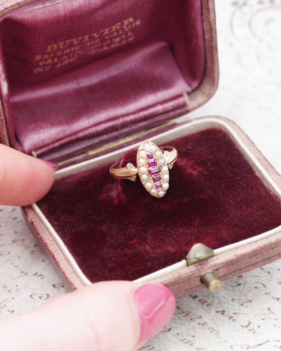 Bague marquise rubis perles en or 18 karats, bague ancienne, rubis naturel-photo-3