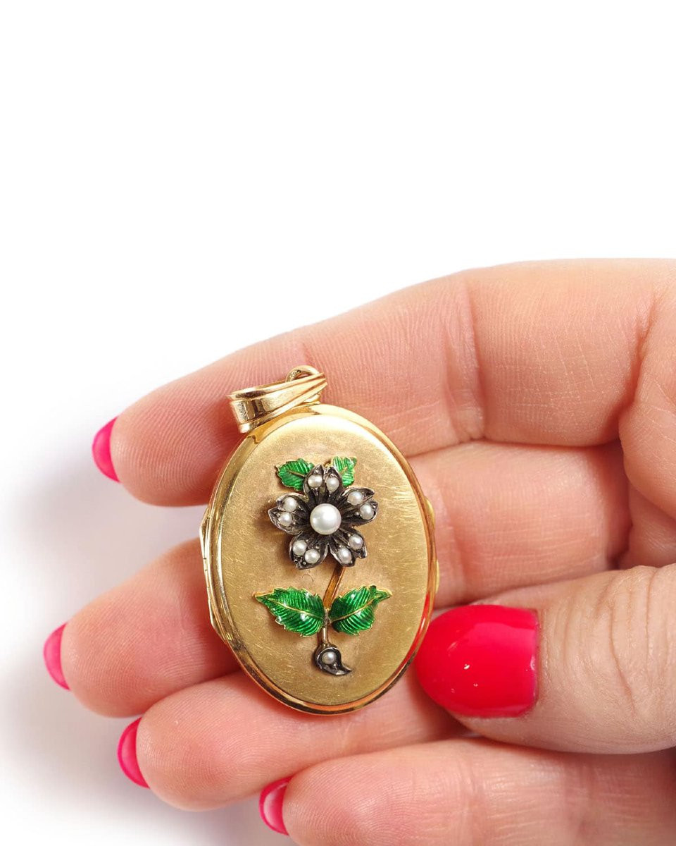 Médaillon porte-photo fleur en or 18 karats et argent -photo-2