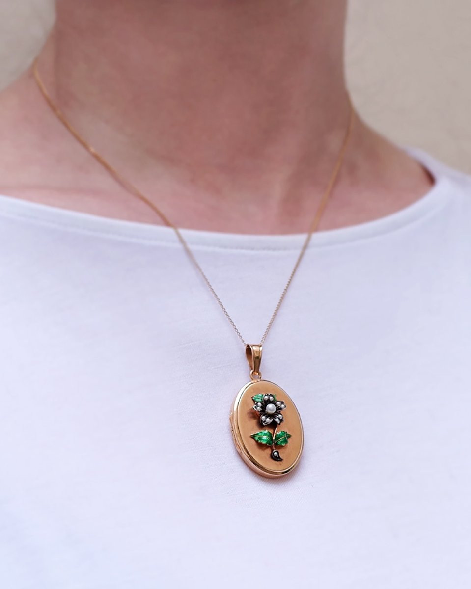 Médaillon porte-photo fleur en or 18 karats et argent -photo-4
