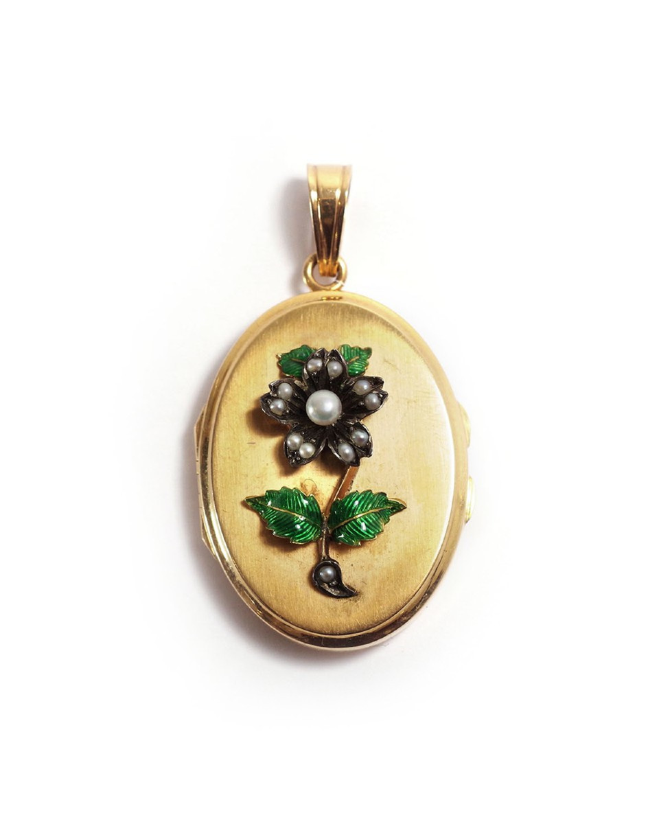 Médaillon porte-photo fleur en or 18 karats et argent 