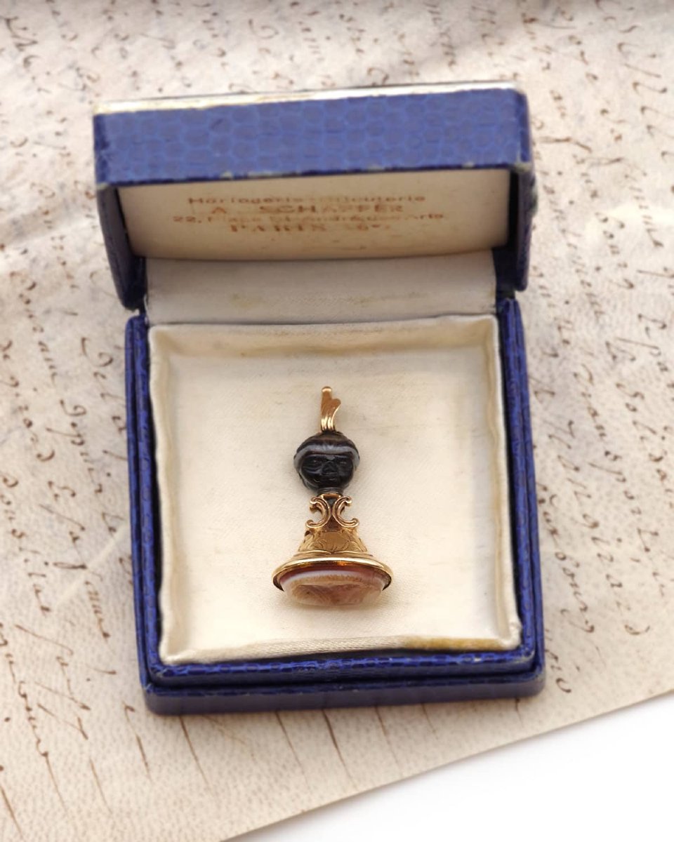 Georgian Blackamoor Seal Fob Intaglio Agate Pendant In 18k Gold -photo-2