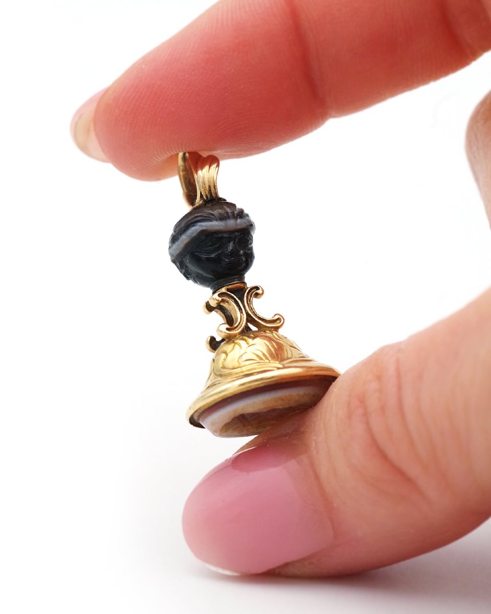 Georgian Blackamoor Seal Fob Intaglio Agate Pendant In 18k Gold -photo-4