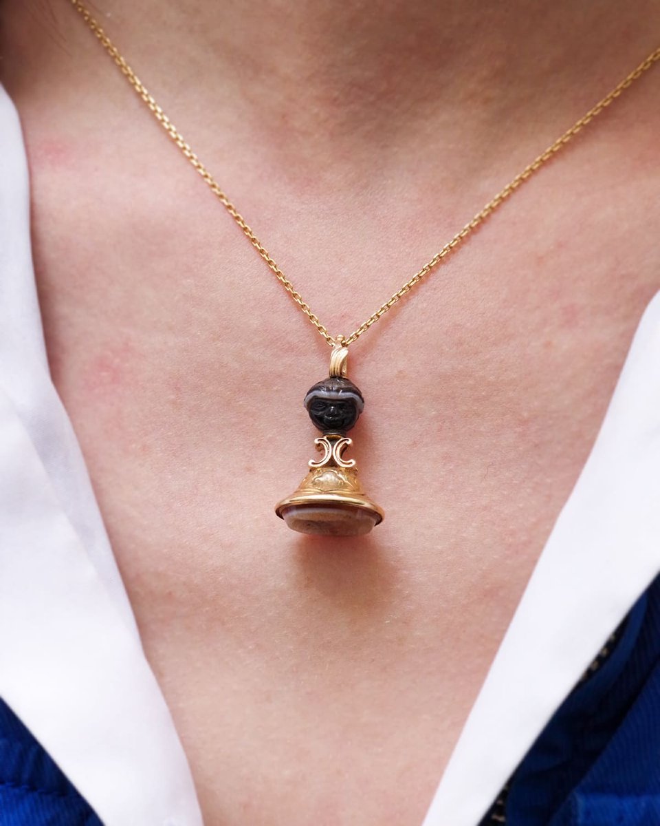 Georgian Blackamoor Seal Fob Intaglio Agate Pendant In 18k Gold -photo-5