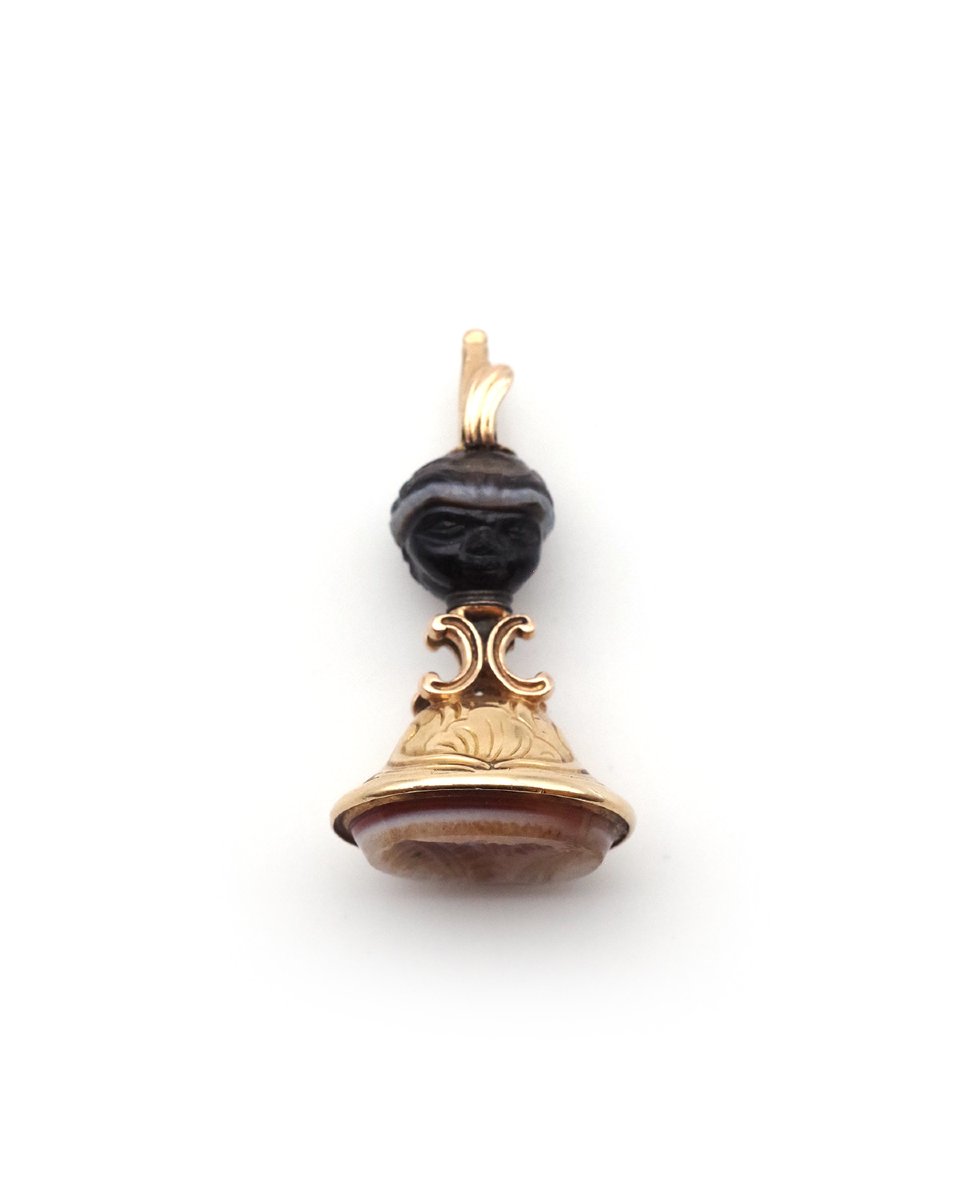 Georgian Blackamoor Seal Fob Intaglio Agate Pendant In 18k Gold -photo-6