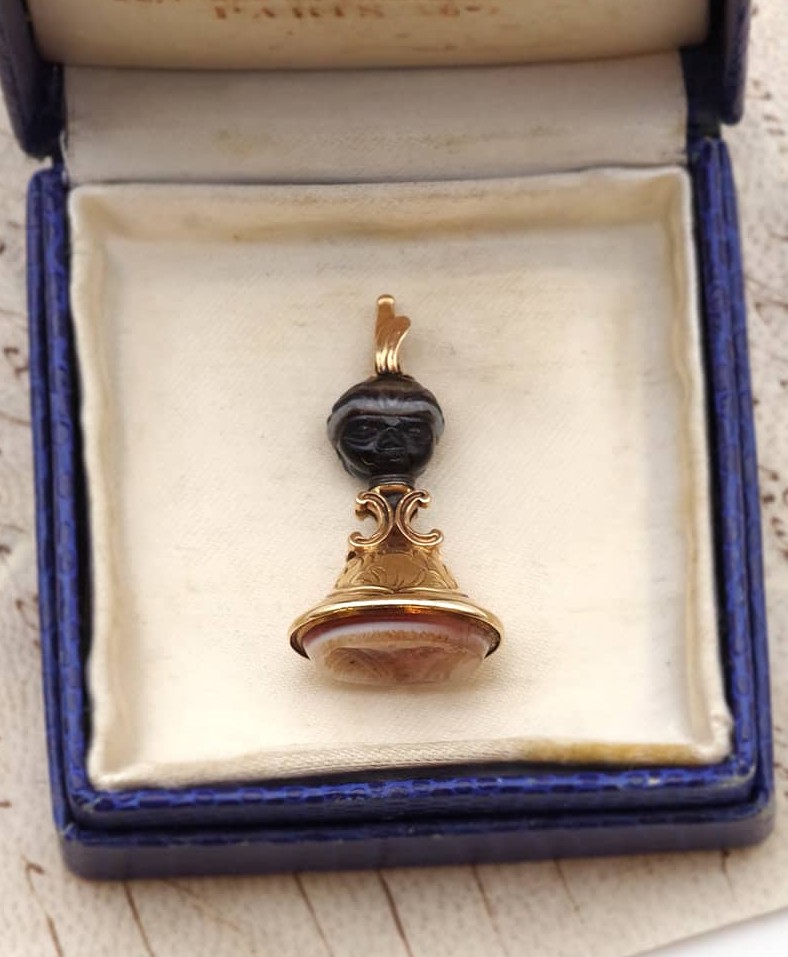 Georgian Blackamoor Seal Fob Intaglio Agate Pendant In 18k Gold 