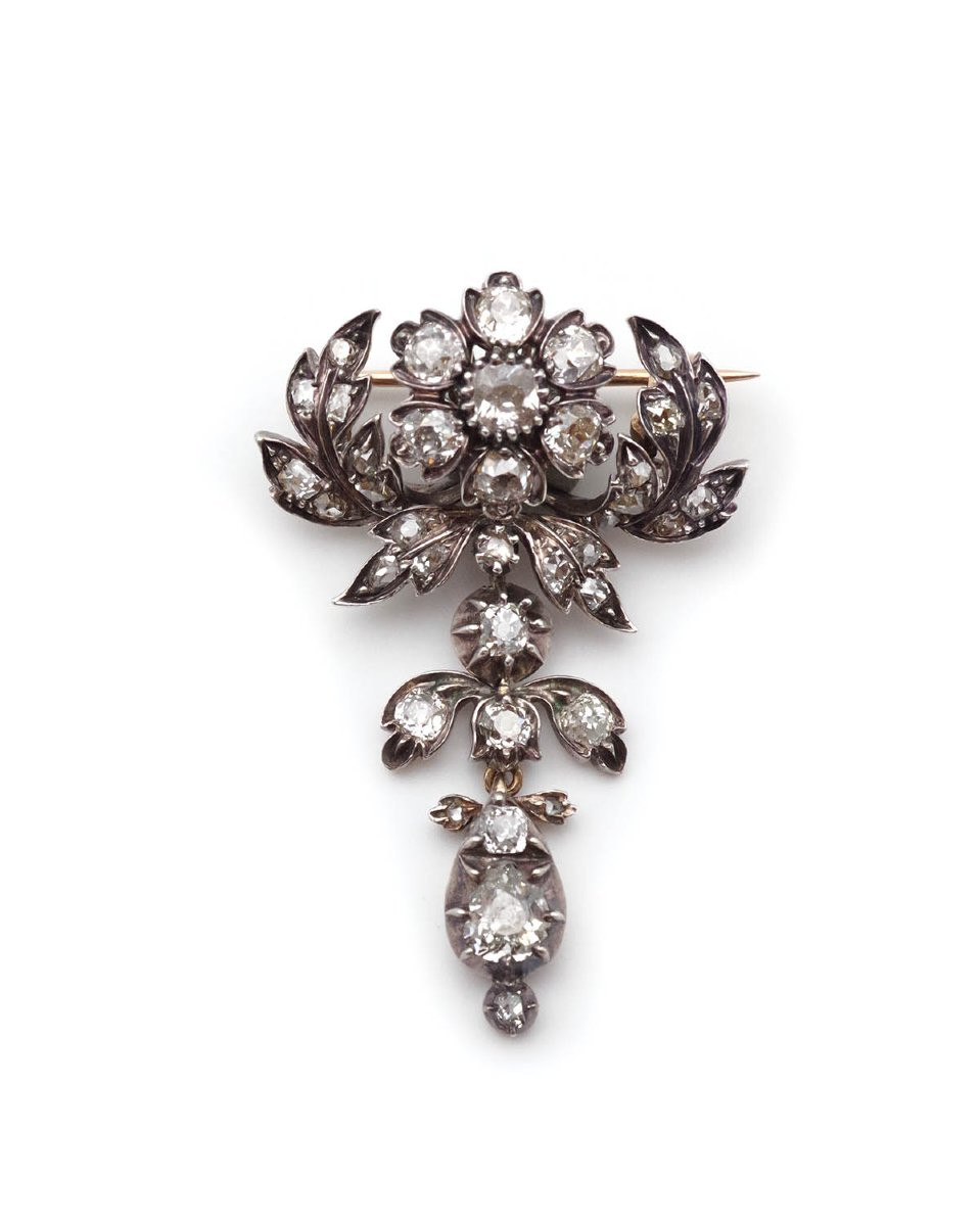 Broche fleur diamants 3 cts ou devant de corsage en or 18 karats et argent -photo-2