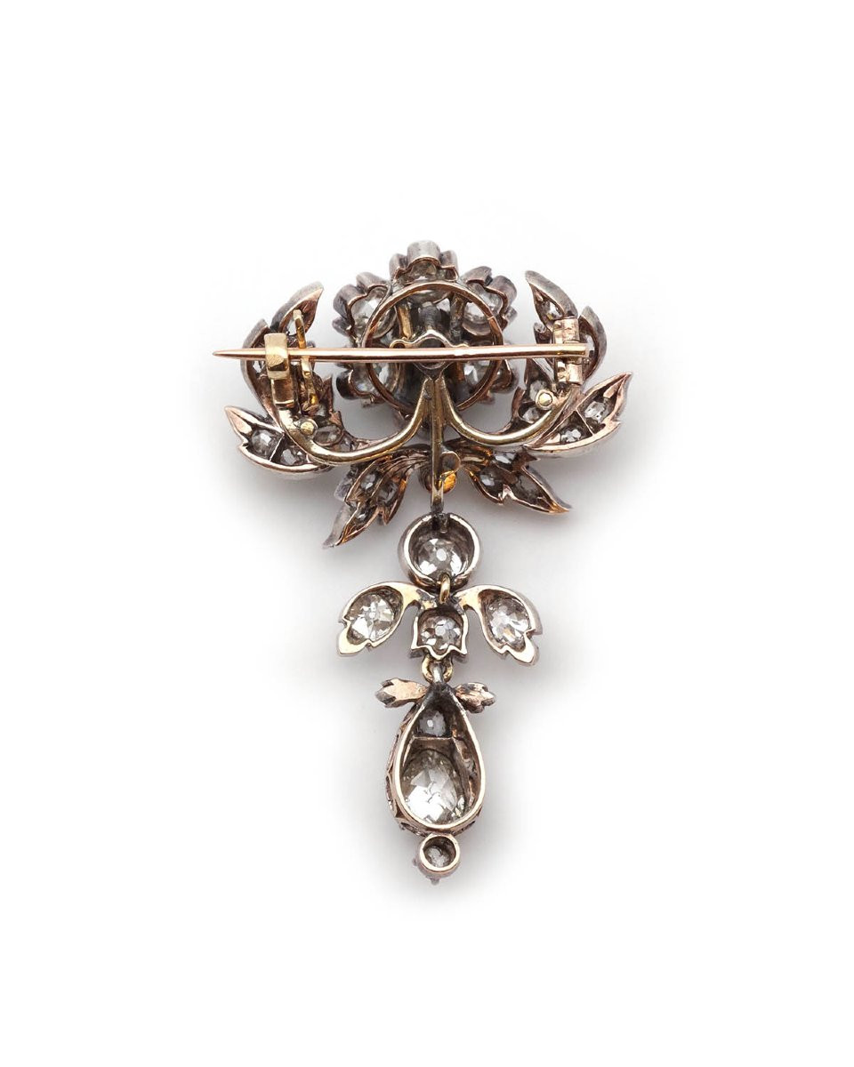 Broche fleur diamants 3 cts ou devant de corsage en or 18 karats et argent -photo-4