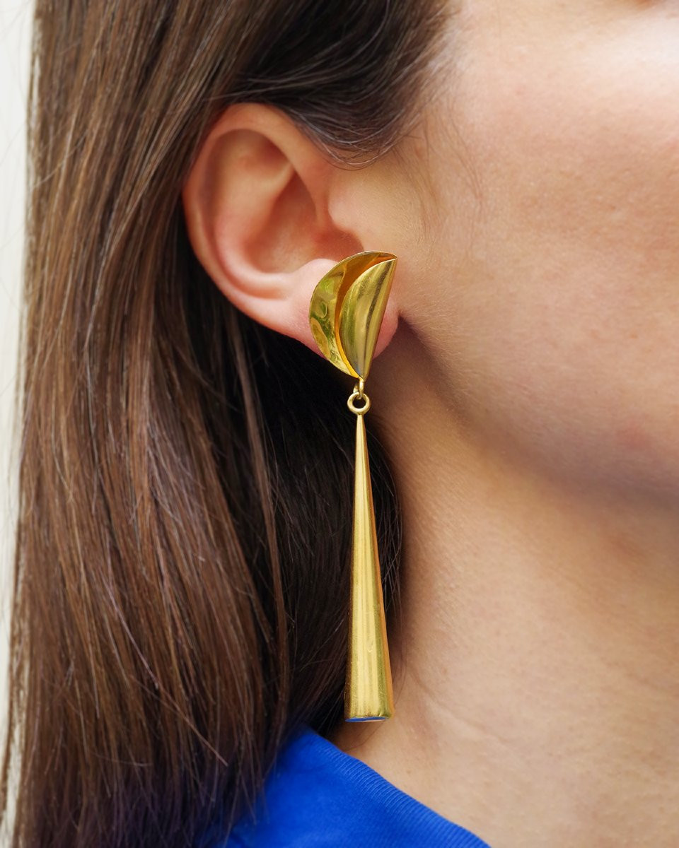Longues boucles d'oreille modernistes en or creux 18k, pendants d'oreille vintage-photo-3