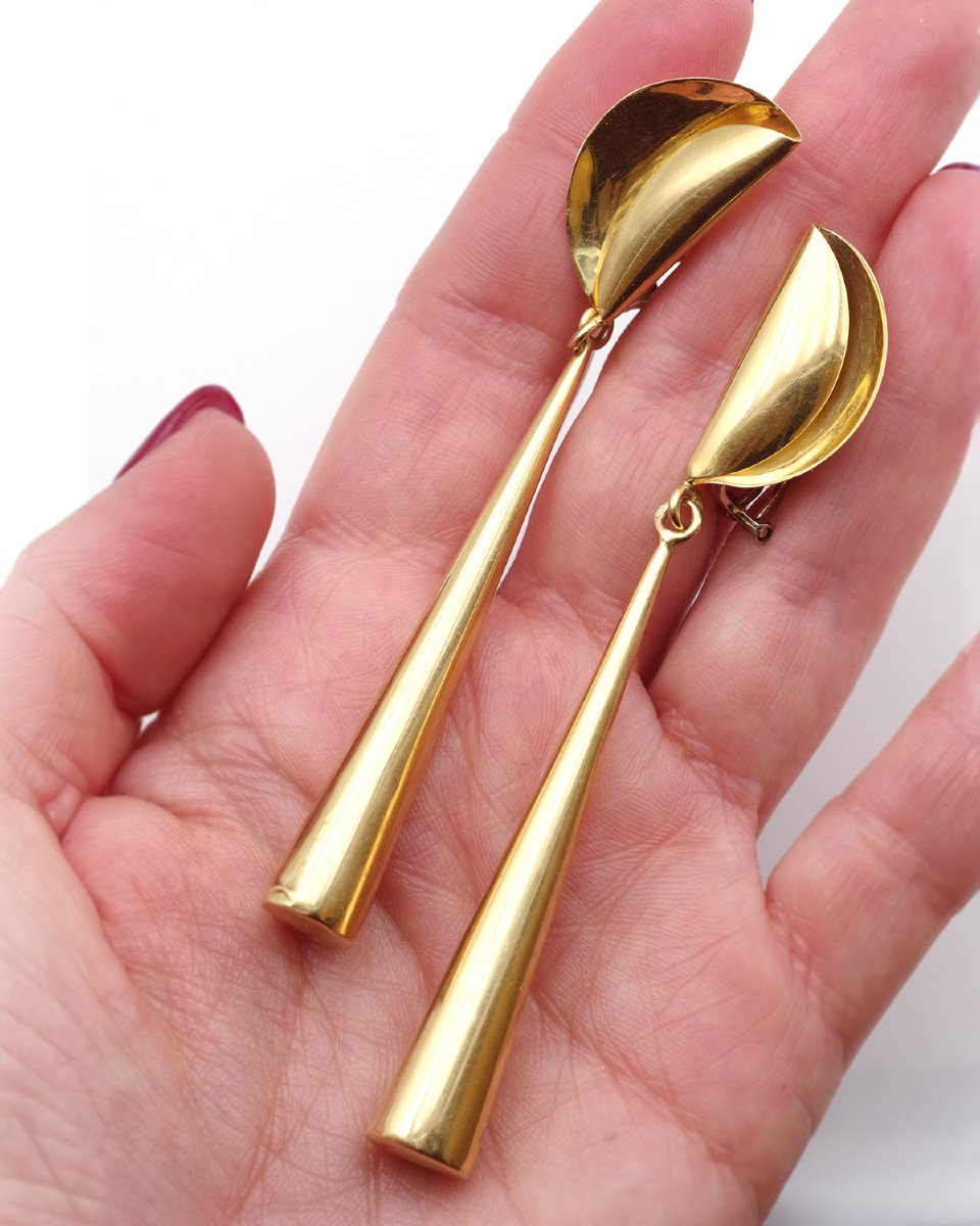 Longues boucles d'oreille modernistes en or creux 18k, pendants d'oreille vintage-photo-1