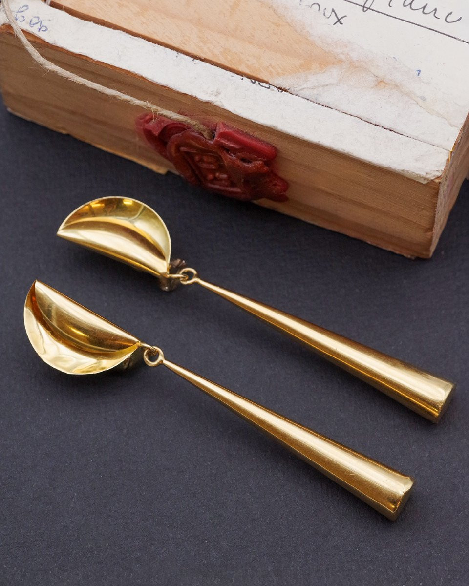 Longues boucles d'oreille modernistes en or creux 18k, pendants d'oreille vintage-photo-2