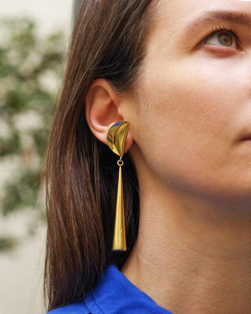 Longues boucles d'oreille modernistes en or creux 18k, pendants d'oreille vintage-photo-3