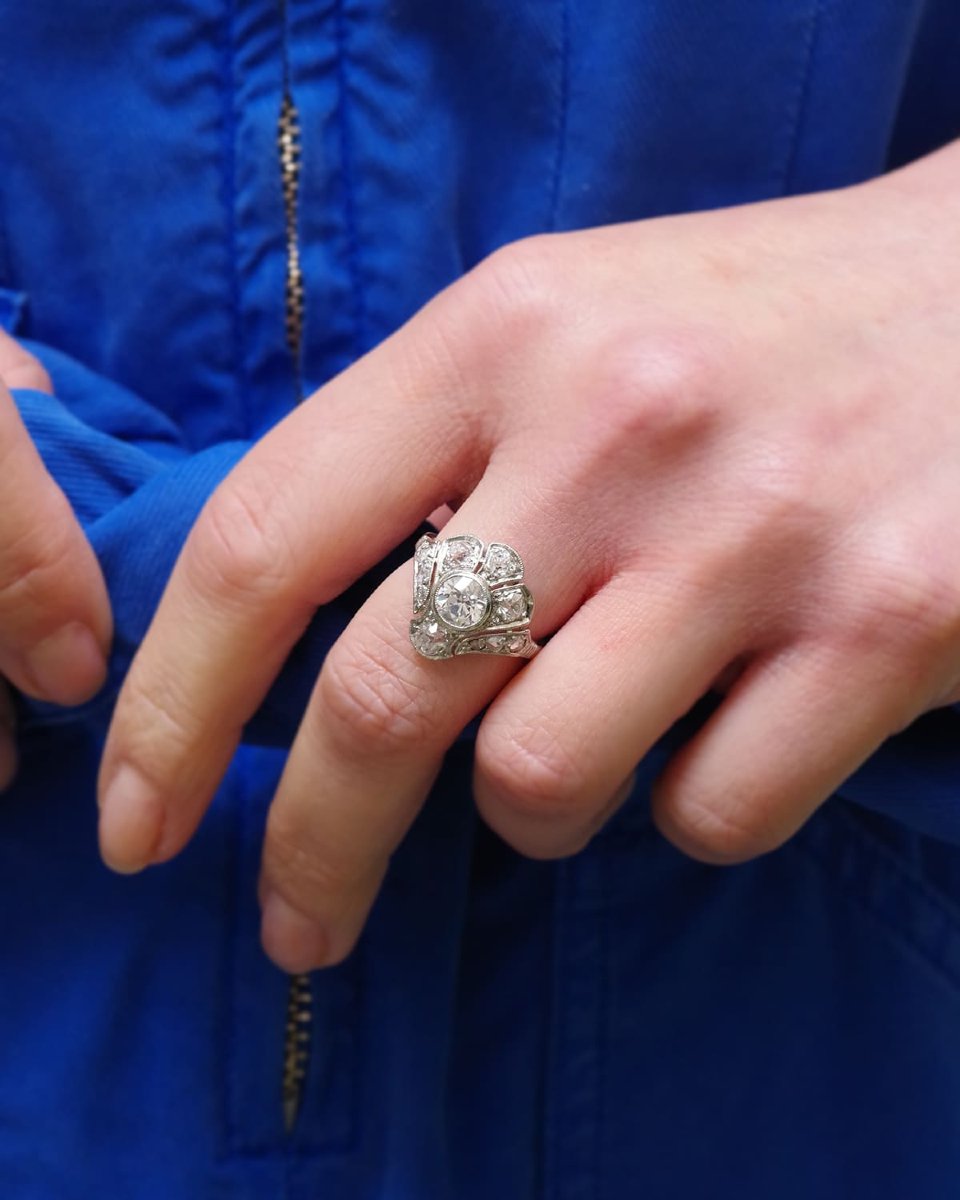 Art Deco Palm Diamond Ring In Platinum, 2 Cts Diamond-photo-2