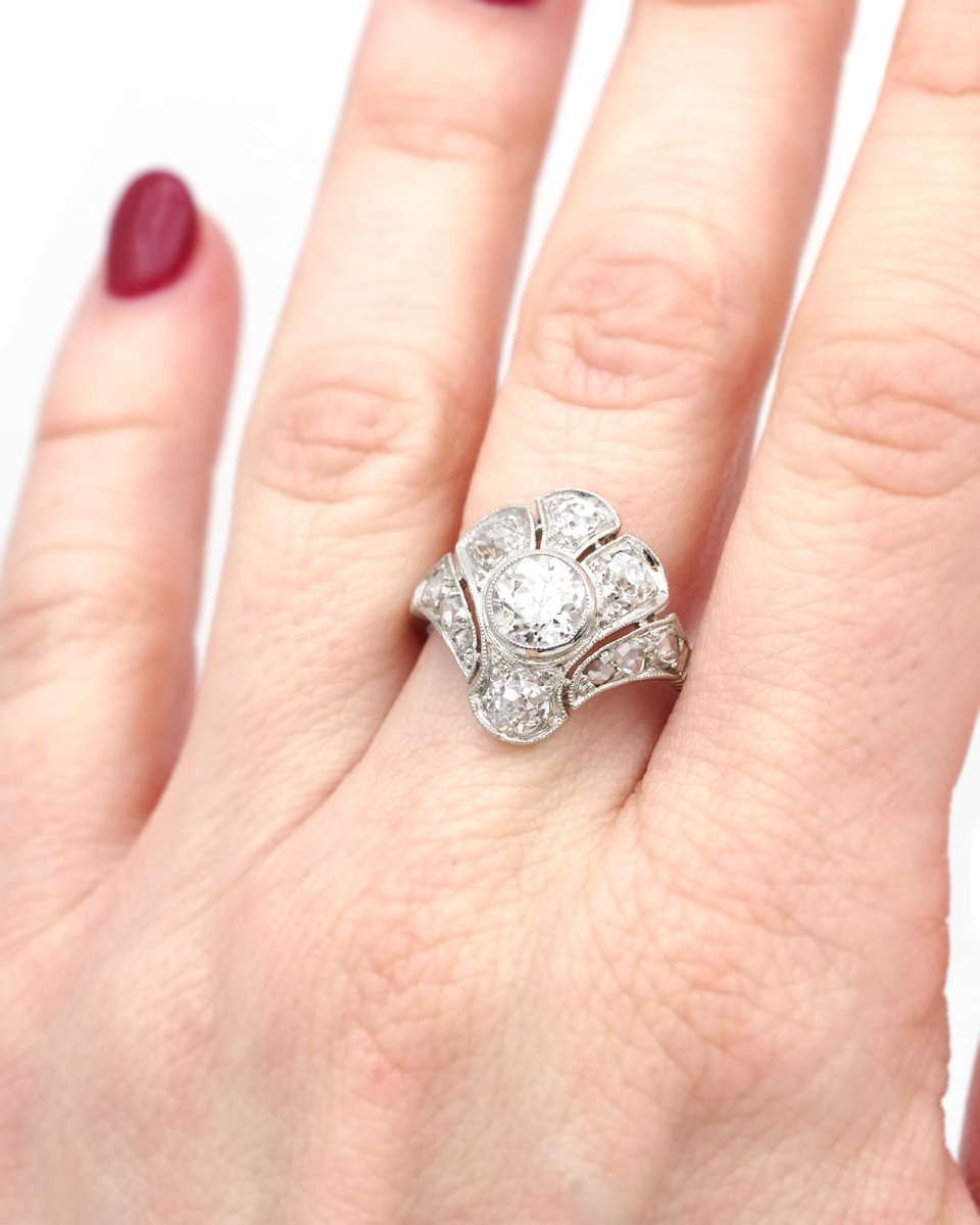 Art Deco Palm Diamond Ring In Platinum, 2 Cts Diamond-photo-1
