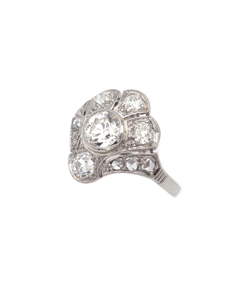 Art Deco Palm Diamond Ring In Platinum, 2 Cts Diamond-photo-3