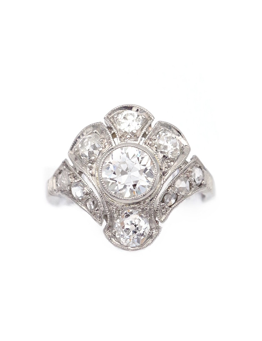 Art Deco Palm Diamond Ring In Platinum, 2 Cts Diamond