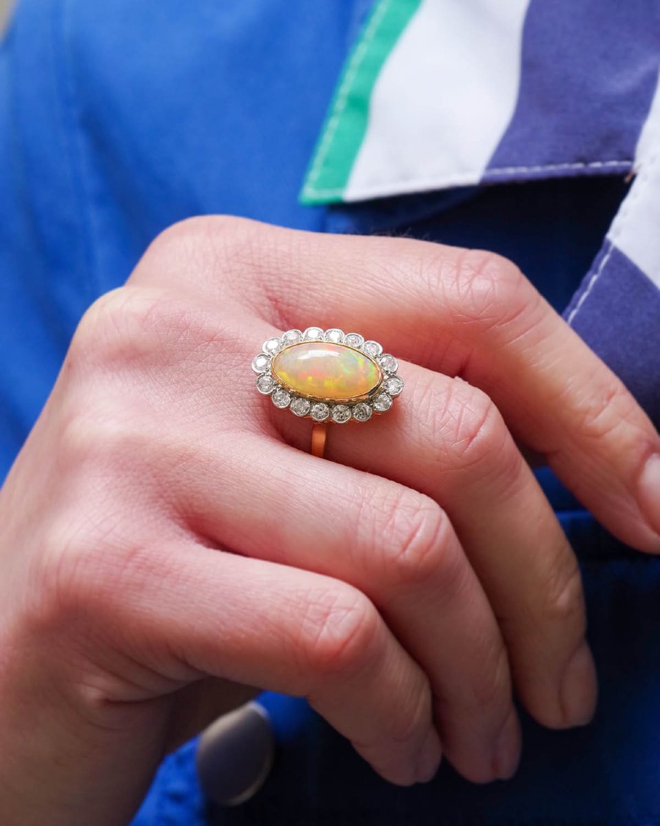 French Belle Epoque Opal Diamond Cluster Ring In 18k Gold And Platinum-photo-3