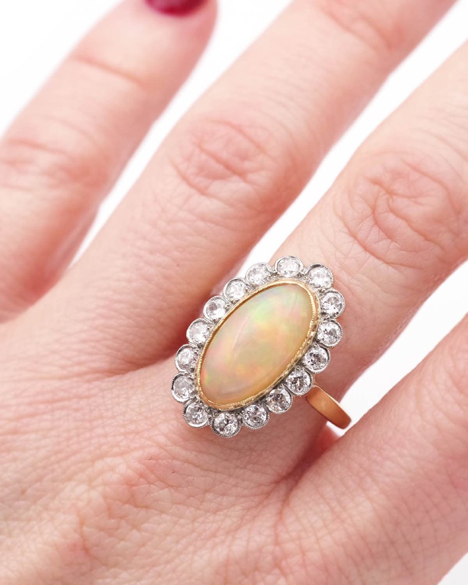 French Belle Epoque Opal Diamond Cluster Ring In 18k Gold And Platinum-photo-1