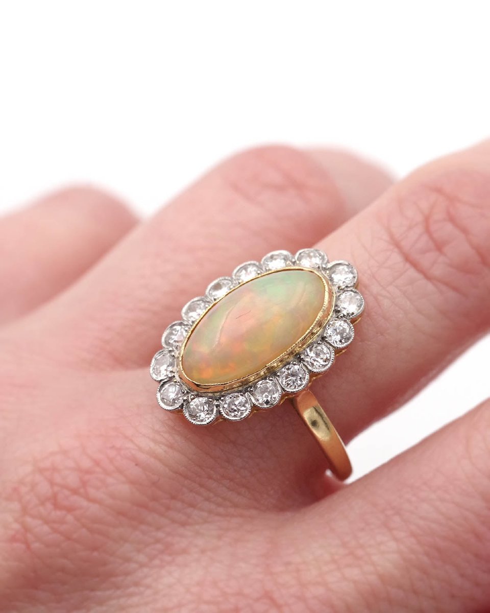 French Belle Epoque Opal Diamond Cluster Ring In 18k Gold And Platinum-photo-2
